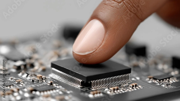 Fototapeta The Touch of Technology: A close-up view showcases the intricate details of electronic components, with a fingertip making contact with a central processor.