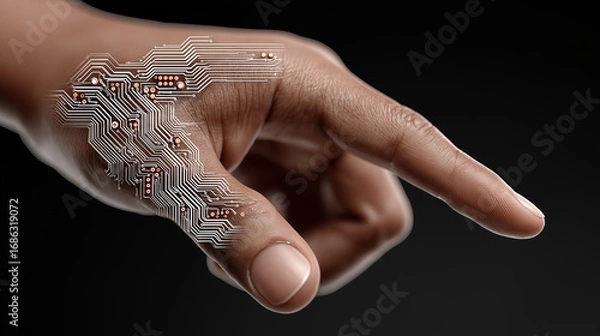 Fototapeta Cybernetic hand: A fusion of flesh and tech, this digital human hand showcases an intricate circuit board design overlaid with human hand.