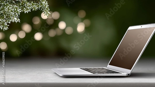 Fototapeta Digital Oasis: A sleek silver laptop stands on a clean, textured surface, blending seamlessly with the verdant bokeh backdrop, portraying technology in harmony with nature.