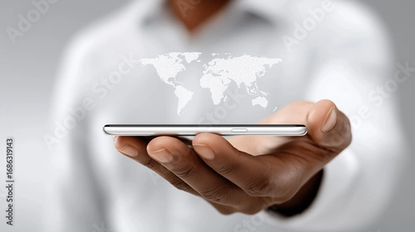Fototapeta Global Connection: A modern smartphone rests in a palm, a subtle display of a world map projected just above it, representing worldwide connectivity and global reach.