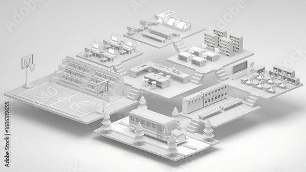Fototapeta Conceptual 3D rendered architectural of a complete school complex, featuring classrooms, sports areas, and a library in a minimalist isometric design