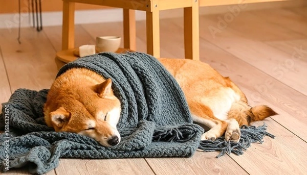 Obraz Shiba Inu dog wrapped in a cozy blanket, resting on a wooden floor