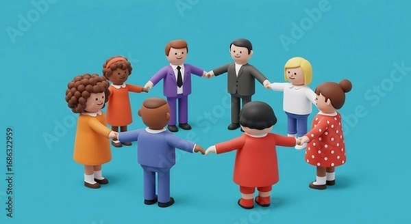 Fototapeta Diverse group of stylized figures holding hands in a circle against a vibrant teal backdrop.