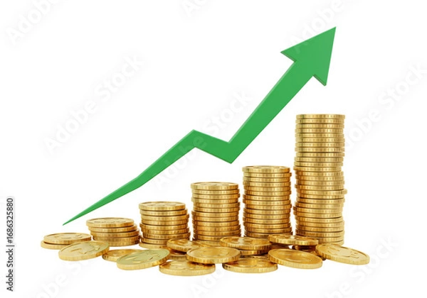 Fototapeta Growth and financial success golden coins stacks with upward trending arrow
