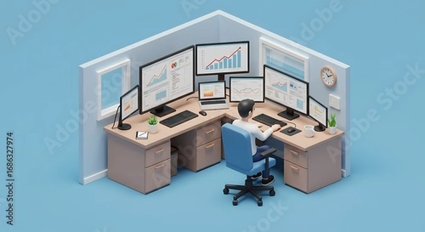 Fototapeta A stylized, minimalist depiction of a person working at a corner office desk with multiple computer screens displaying data visualizations, emphasizing a modern and efficient workspace.