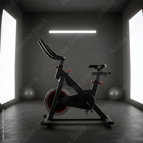 Fototapeta Modern stationary exercise bike in a sleek, dark gray fitness room. A single, black exercise bike is positioned in a contemporary fitness center, standing in a well-lit, modern space.
