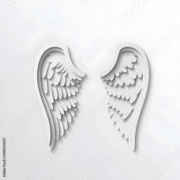 Fototapeta Angel wings with detailed feather design on a plain background. Ornate, stylized representation of wings in a neutral setting.