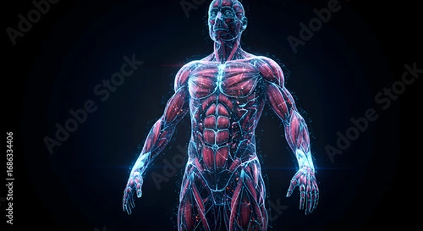 Fototapeta Male anatomical model with detailed musculature in a dark studio setting. Full body view of the model showcasing the muscle structure, anatomy, and body composition.