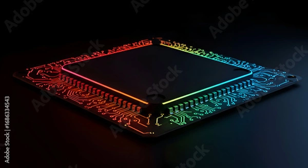 Fototapeta A detailed circuit board with a central processor chip, illuminated with vibrant rainbow colors, showcasing intricate patterns and connections. Modern technology component against a dark background.