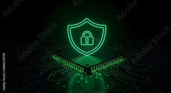 Fototapeta Glowing green shield and padlock icon over circuit board. Abstract digital security concept. Data protection specialist with high-tech security device.
