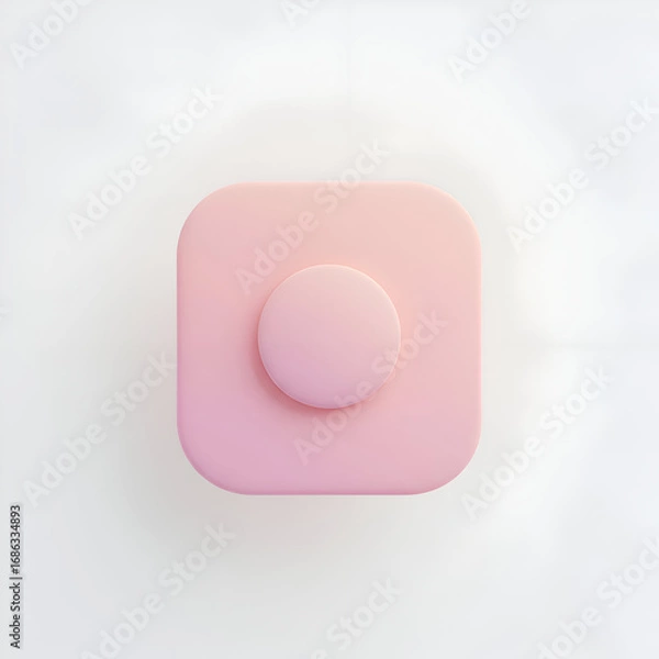 Fototapeta Pink square button with a circular center, no people or objects. Overhead view of a graphic design element.