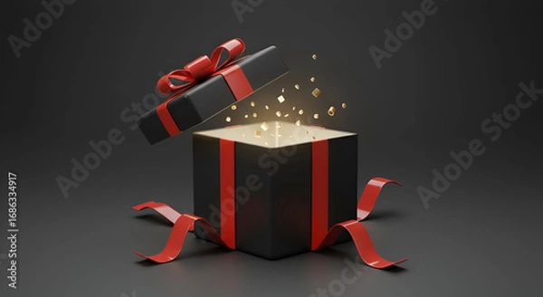 Fototapeta Black gift box with red ribbon open, revealing golden confetti in a studio setting. An exciting, surprising gift opening scene, perfect for advertising or editorial use in a retail or holiday context.