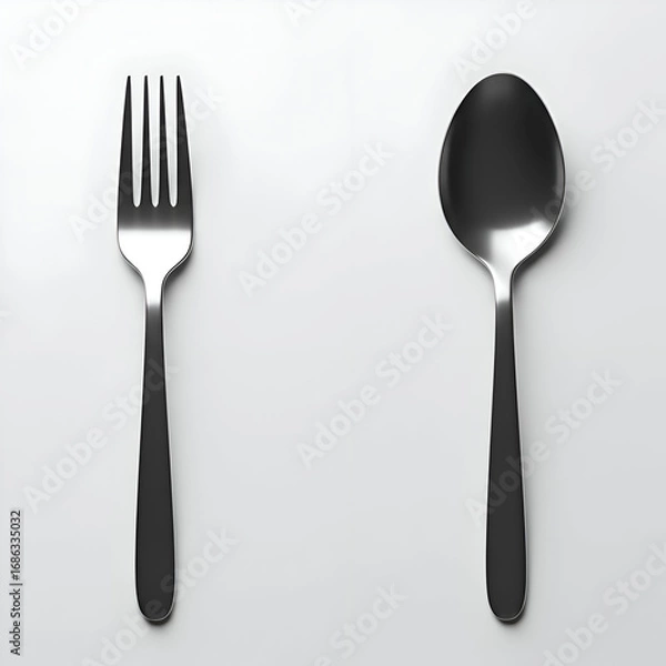 Fototapeta Modern silverware, fork and spoon, placed side by side on a clean, white surface. Elegant, minimalist utensil presentation for a restaurant or kitchen.
