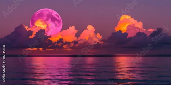 Obraz Full moon rising over clouds beautifully reflecting on calm water
