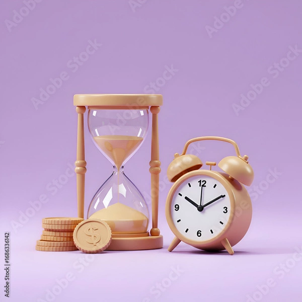 Fototapeta Beige hourglass and alarm clock with stacked coins in a minimalist studio setting. Time management concept image for financial planning or business strategy.