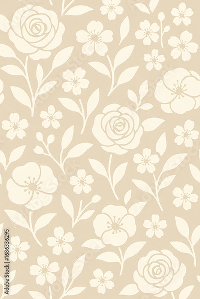 Fototapeta Elegant seamless floral pattern with roses and blossoms in soft beige and ivory tones. Minimalist botanical design suitable for fabric, wallpaper, wrapping paper, stationery, and home décor projects.