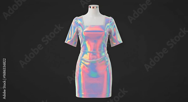 Fototapeta Holographic short dress on mannequin, showcasing a vibrant color gradient effect. Display of fashionable clothing item against a dark background.