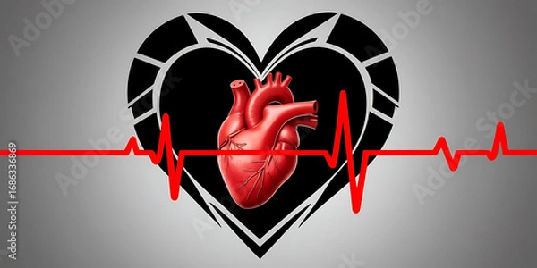 Obraz Heart with red electrocardiogram line inside bold black heart shape
