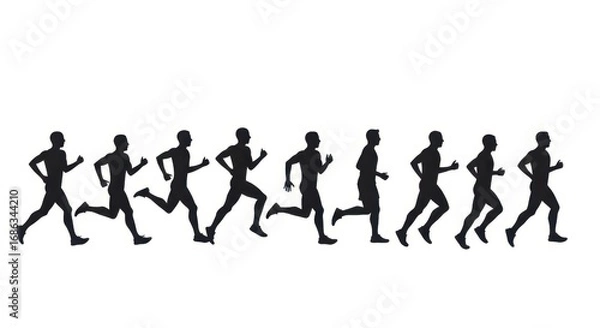 Fototapeta Silhouette illustration of several individuals in various running postures against a plain background.