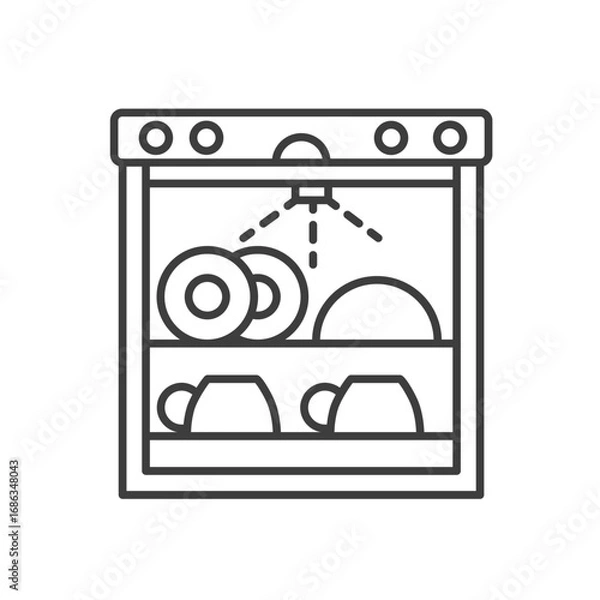 Fototapeta A line drawing depicts a dishwasher Inside two shelves hold dishes and mugs Water sprays from a nozzle. Editable stroke. Icon vector illustration