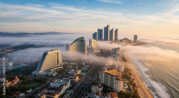 Fototapeta Aerial view of coastal city skyline shrouded in morning fog illuminated by soft sunlight