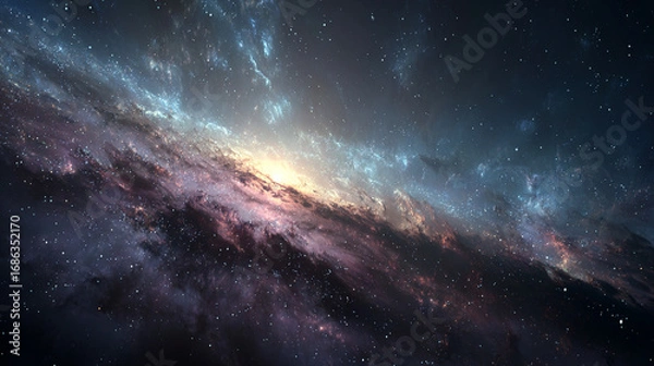 Fototapeta Expansive cosmic scene of a galaxy with stars and colorful nebulae in deep space. Perfect for astronomy, sci-fi, or space-themed designs.