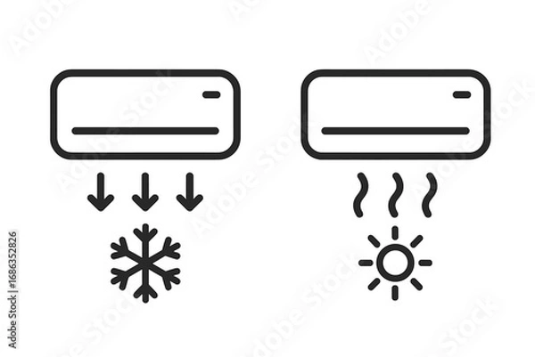 Fototapeta Air conditioner icons set. Cooling and heating modes. Vector line art illustration of climate control system. Cold snowflake and hot sun symbols for AC unit. HVAC.