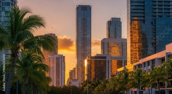Fototapeta Miami skyline at sunset with palm trees creating a tropical urban landscape with vibrant warm colors