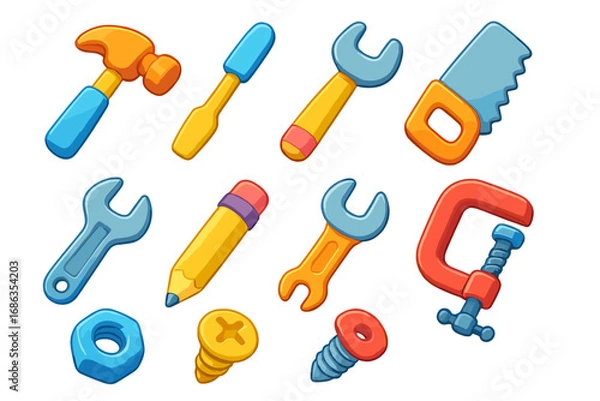 Fototapeta Colorful cartoon tool icons set with a 3D effect. Vector illustration of workshop instruments. Hammer, saw, wrench, screw, and clamp for repair, build, or game projects.