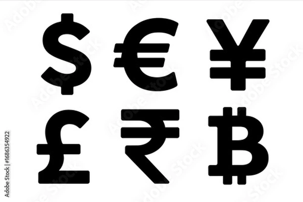Fototapeta Global currency symbols set. Black vector icons of major world currencies: Dollar, Euro, Pound, Yen, Rupee, and Bitcoin. Finance, money exchange, and business concept.