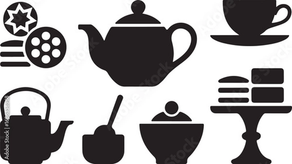 Obraz Tea Time Icons Collection Vector Illustration Silhouette on Transparent Background