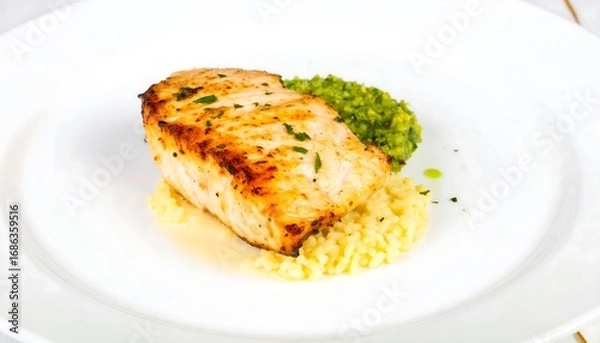 Fototapeta Grilled fish fillet with a side of rice and a green sauce