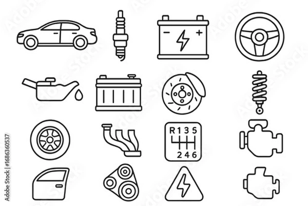Fototapeta Car parts and auto service line icon set. Automotive repair and vehicle maintenance symbols. Vector collection for garage, mechanic workshop, and infographic design elements.