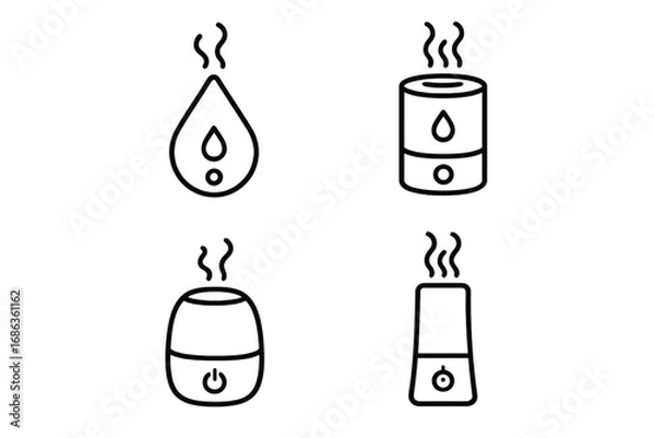 Fototapeta Minimalist line art humidifier icons set for home wellness, air purification, clean air, relaxing atmosphere, essential oil diffuser, vaporizer, air moisture, health care vector cartoon illustration