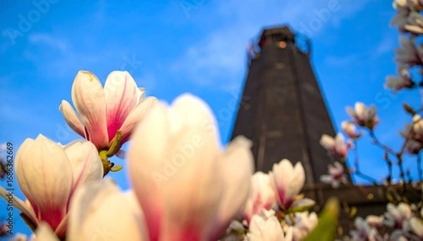 Fototapeta Close-up magnolia blossoms in front of a tall dark structure