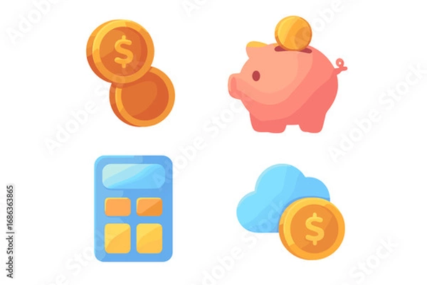 Fototapeta Soft gradient financial icons set featuring piggy bank, coins, calculator, and cloud with money. Vector cartoon illustration with transparent background, ordered flat finance symbols