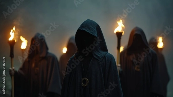 Fototapeta Figures in dark cloaks with torches standing in a misty forest  