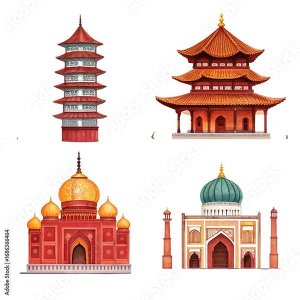 Obraz Asian architecture featuring pagodas and islamic mosques with intricate designs oriental landmarks and cultural heritage destinations and iconic religious buildings on black background