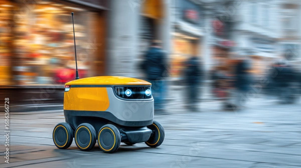 Obraz Autonomous delivery robot moving on city street smart technology future logistics innovation AI powered courier urban transport