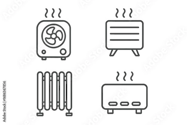 Fototapeta Minimalist line icons of heaters and radiators for home heating themes, vector cartoon illustration with transparent background, set of modern heating appliances and radiators