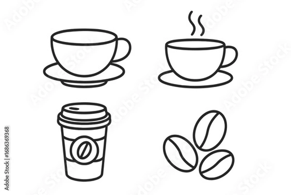 Fototapeta Coffee cup and beans outline icon set. Vector line art collection of hot drink, espresso, and to-go paper cup symbols. Simple cafe menu illustration with editable stroke.