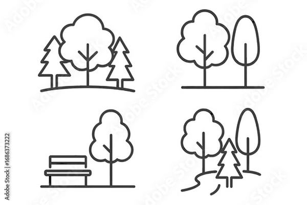 Obraz Forest, trees, and park simple outline icon set. Collection of linear vector graphics. Editable stroke. Nature, landscape, outdoors, ecology, and recreation concepts.