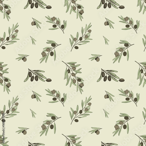 Fototapeta Vector seamless pattern with ripe green olives and branches on beige. Background design for olive oil, natural cosmetics. Best for wrapping paper. Seamless with olive branch and rape black olives.