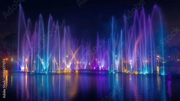 Fototapeta 噴水ショーとライトの反射
