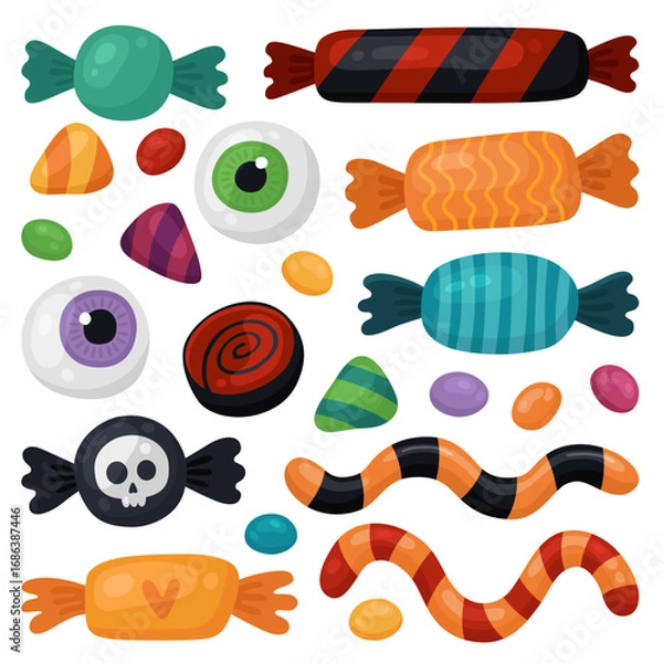 Obraz Collection of Halloween candies. Chocolate candies in a wrapper, lollipops, caramel, gummy worms, gummy eyeballs. Trick or treat, Halloween treats, many different sweets.