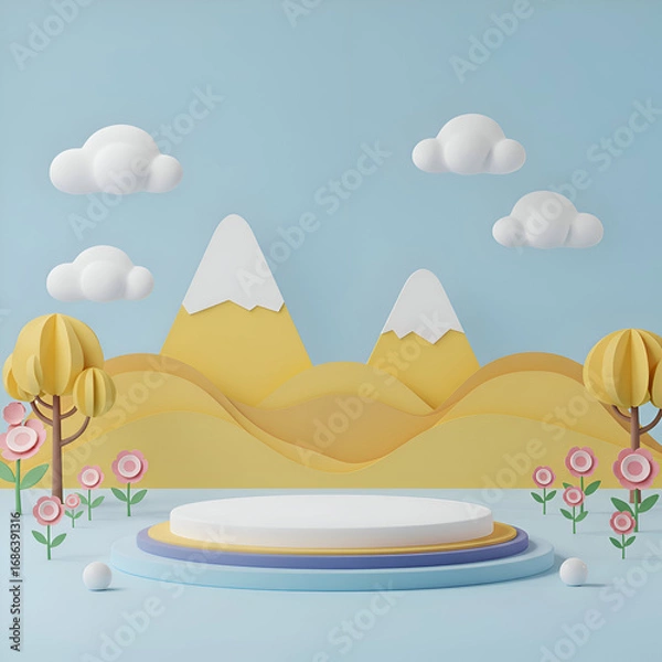 Fototapeta Childrens' landscape product display podium with pastel colors. Empty, circular display podium with mountains, clouds, and flowers in a cartoon landscape setting.
