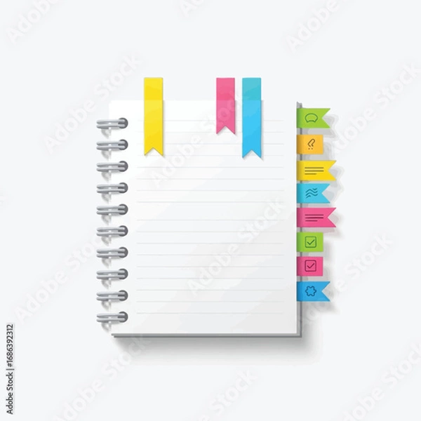 Fototapeta Spiral-bound notebook with colorful sticky note tabs and bookmarks for organization.