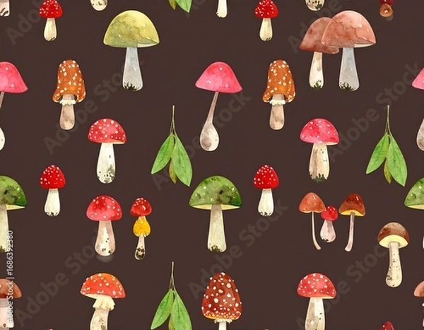 Fototapeta Watercolor mushroom pattern on dark background