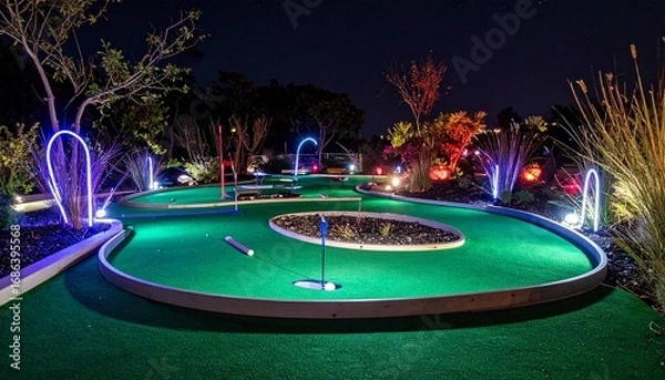 Fototapeta A vibrant mini-golf course at night illuminated with colorful LED lights, featuring glowing pathways and lush landscaping.
