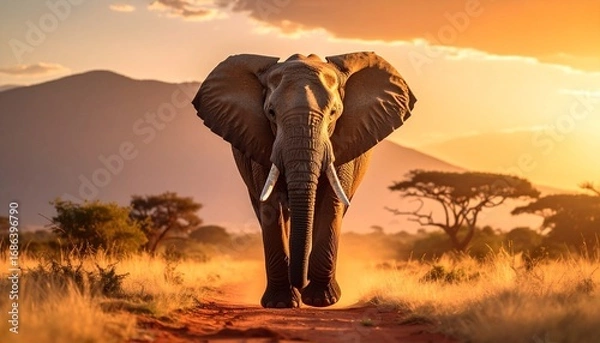 Fototapeta A majestic elephant walking through golden savannah grass at sunrise, with dramatic clouds and warm sunlight.